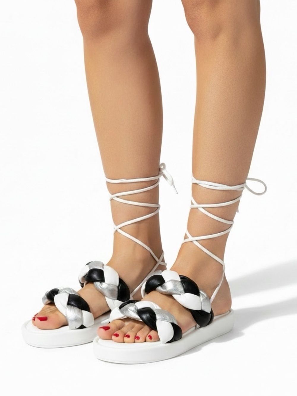Tri Color Chunky Braided Straps Lace Up Sandals NWT
